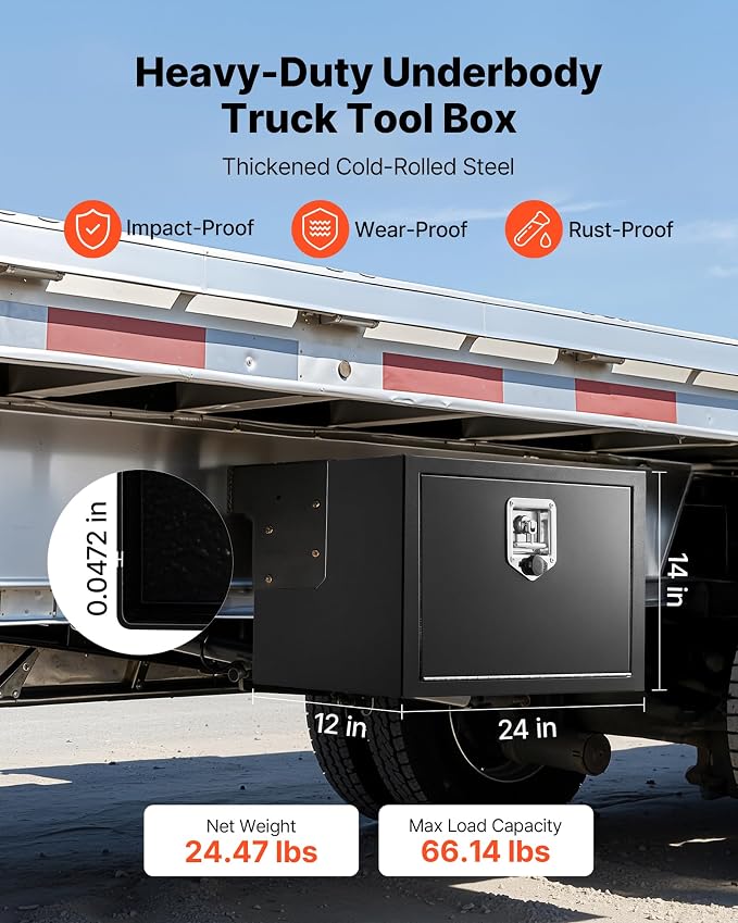 VEVOR Underbody Truck Tool Box, 24 x 12 x 14 Inch Heavy Duty Steel Trailer Storage Box with Lock & Keys, Waterproof Trailer Storage Organizer Under Body Chest with T-Handle for Truck, Van, SUV, Black