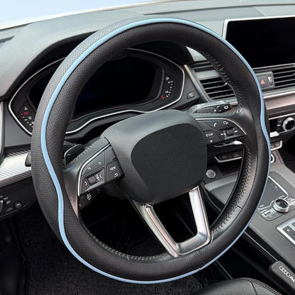 HAOTULE Leather Steering Wheel Cover， with Anti-Slip Stripe Design - Enhanced Grip, Fashion Style, Safe, Non-Slip, Breathable. Upgrade car Interior，Black Blue