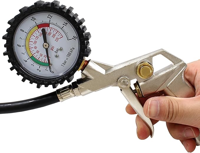 Tire Inflator with Pressure Gauge 0-220PSI Dial Wheel Air Tyre Pressure Meter Gauge with Rubber Hose for RV Car Motorcycle Bike