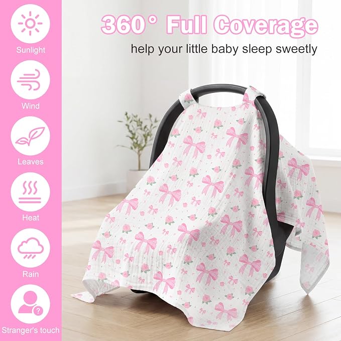 Baby Car Seat Cover - 100% Muslin Cotton Universal Breathable Canopies for Boys and Girls Soft Spring Summer Car Seat Cover Lightweight Infant Car Seat Canopy - Pink Bows