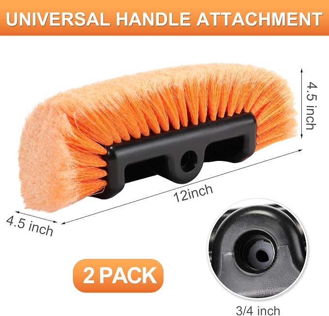 Tanlade 2 Pcs Car Wash Brush Head with Soft Detailing Bristle Flow Thru Car Cleaning Brush Exterior Wash Equipment for Auto Truck RV Boat Camper(12 Inch,Orange)