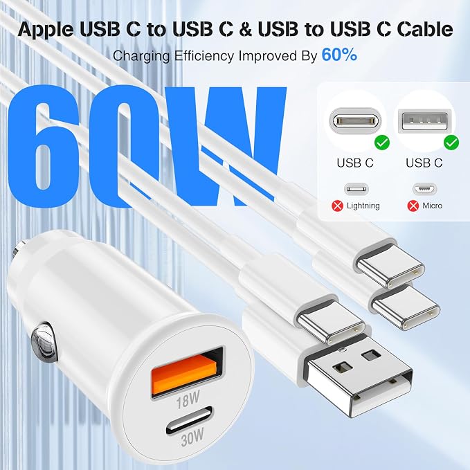 48W USB C Car Charger for iPhone 17 16 15 Pro Max, 48W Dual Port USB-C & USB-A Car Fast Charging Adapter, 2X3FT C to C Cable & A to C Carplay Cable for iPhone 17 16 15 Series/iPhone Air, iPad, Samsung