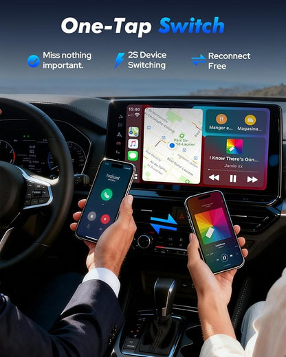 2-in-1 Wireless CarPlay Adapter - 1-Click Multi-Device Switch for Apple iPhone, 3s Auto-Connect, CarPlay & Android Auto, iOS 10+/Android 11+, Multi-User Seamless Connection, OTA Upgrade