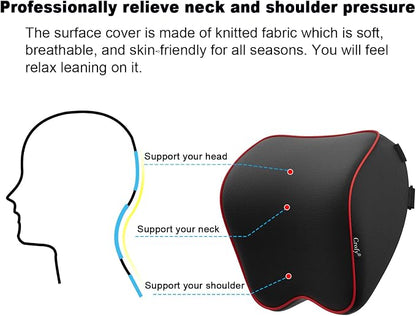 Crofy 2 Pack Car Neck Pillow, Softness Car Headrest Pillow for Driving with Adjustable Strap, 100% Memory Foam and Breathable Removable Cover, Comfortable Ergonomic Design, Black & Red