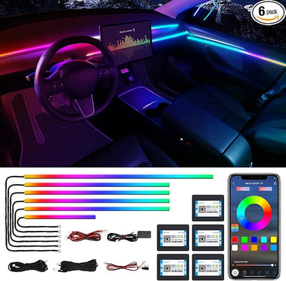 Dreamcolor Acrylic Interior Car LED Strip Light with Wireless APP, RGB 6 in 1 with 175 inches 600 LEDs Fiber Optic Car Ambient Lighting Kits, Sound Active Function LED Strip for Car Accessories