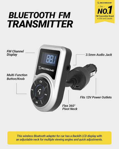 Scosche BTFMPD Universal Bluetooth Handsfree Car Kit with FM Transmitter and 18-Watt USB Car Charger, Silver