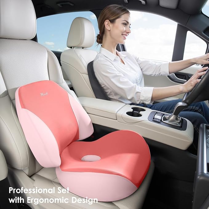 FLORICH Upgraded Ergonomic Memory Foam Car Seat Cushion with Lumbar Support, Non-Slip, Washable Driving Seat Cushion for Back & Sciatica Pain Relief, Large Car Seat Cushion Driver, Office-Pink