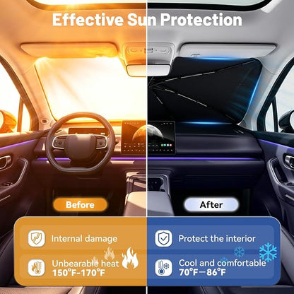 Foldable Car Windshield Sun Shade Umbrella with Rearview Mirror Notch, Titanium Silver UV Blocker for Heat Reduction, Bendable Handle & Anti-Scratch Tips, Fits Sedan SUV (Large 57"x33")