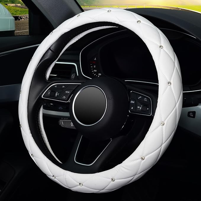 KAFEEK Diamond Soft Leather Steering Wheel Cover with Bling Bling Crystal Rhinestones, Universal 15 inch, Pure White