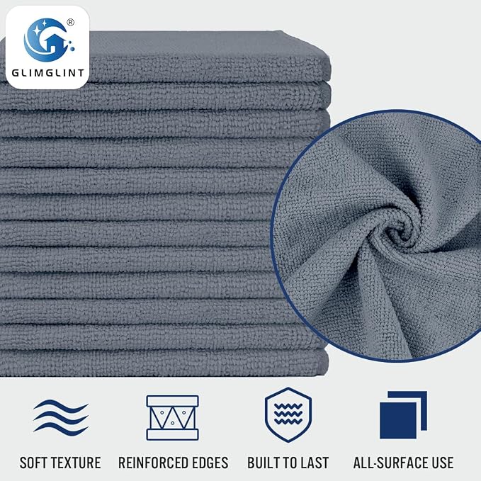 GLIMGLINT Grey Microfiber Cleaning Cloth,12PK Reusable Cleaning Rags, Highly Absorbent Shop Rags Bulk, All-Purpose Car Cleaning Towels for TV Screen, Kitchen, Bathroom, Restaurant Garage, 14"X12"