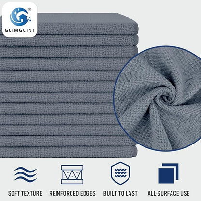 GLIMGLINT Grey Microfiber Cleaning Cloth,12PK Reusable Cleaning Rags, Highly Absorbent Shop Rags Bulk, All-Purpose Car Cleaning Towels for TV Screen, Kitchen, Bathroom, Restaurant Garage, 14"X12"