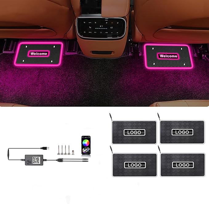 Customizable Car Floor Mats Lights, Customize Personalized Logo Car Floor Mats Light Waterproof RGB LED Neon Lamp App Control Adjustable Flashing Mode Universal Car Interior Foot Mat Decoration Light