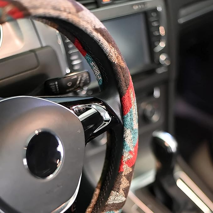 Universal 15inch Ethnic Style Baja Blanket Steering Wheel Cover with Coarse Flax Cloth and Sweat Absorption Anti Slip Car Wrap (Boho Brown)
