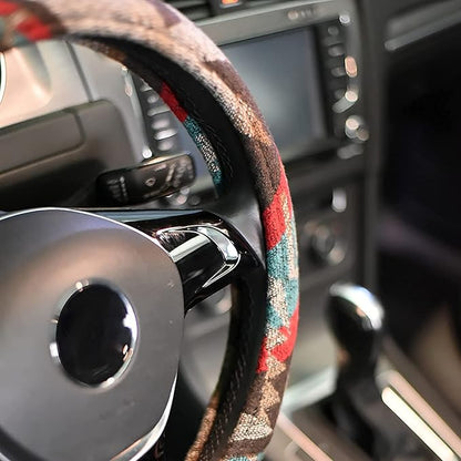 Universal 15inch Ethnic Style Baja Blanket Steering Wheel Cover with Coarse Flax Cloth and Sweat Absorption Anti Slip Car Wrap (Boho Brown)