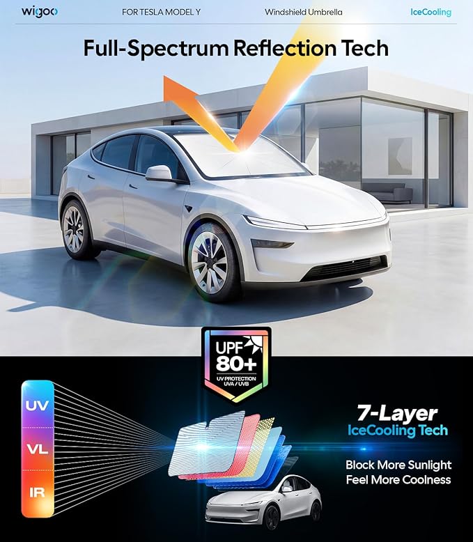 Wigoo Windshield Sun Shade Umbrella for Tesla Model Y [100% Sun Blockage, Ice Cooling Fabric] Foldable Heat Insulation Front Window Sunshade Umbrella for Tesla Model Y 2020–2026 (Juniper)