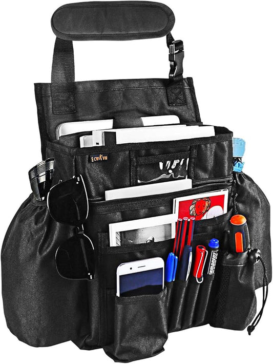 ECWKVN Car Front & Back Seat Organizer with Dedicated Tablet/Laptop Compartment, Passenger Seat File Storage with Cup Holder, Adjustable Backrest, and Padded Shoulder Strap