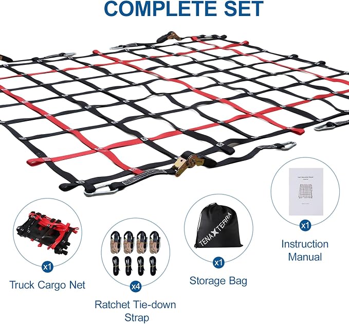 Cargo Net for Pickup Truck Bed with 4Pcs Ratchet Tie-Down Straps, 50"x66", (WLL) 1100lbs, Heavy Duty Storage Netting for Trailer's Cargo Carrier