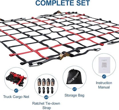Cargo Net for Pickup Truck Bed with 4Pcs Ratchet Tie-Down Straps, 50"x66", (WLL) 1100lbs, Heavy Duty Storage Netting for Trailer's Cargo Carrier