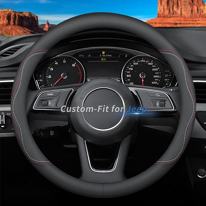 Deer Route Custom-Fit Leather Car Steering Wheel Cover for Jeep, A-Style, Non-Slip, Breathable
