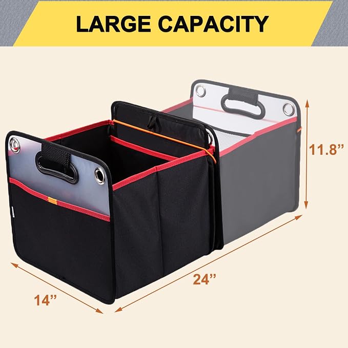 Car Trunk Organizer, Collapsible Auto Trunk Organizer Storage, Portable Grocery Cargo Container with Two Large Compartments for SUV, Vehicle, Truck, Home and Office