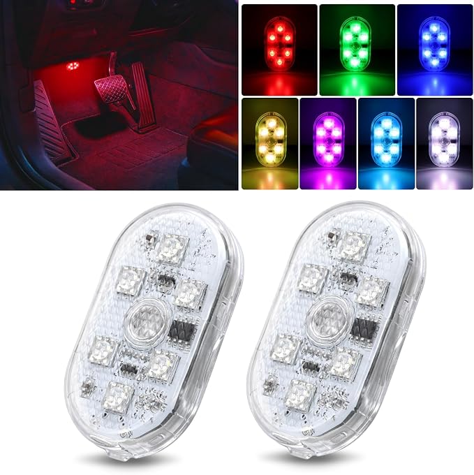 Nilight Wireless Magnetic RGB LED Interior Lights, 2 PCS 7 Colors USB Rechargeable Universal Mini Sticky Footwell Ambient Atmosphere Reading Lamp with Touch Sensor, Portable Night Lighting for Car