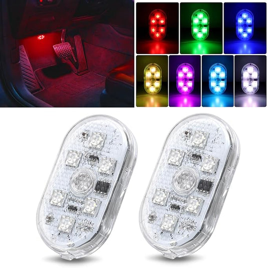 Nilight Wireless Magnetic RGB LED Interior Lights, 2 PCS 7 Colors USB Rechargeable Universal Mini Sticky Footwell Ambient Atmosphere Reading Lamp with Touch Sensor, Portable Night Lighting for Car