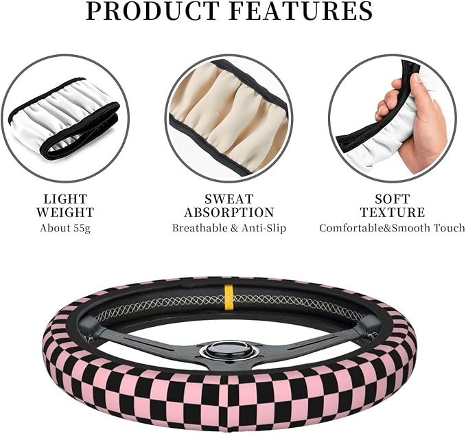 Pink and Black Checkered Steering Wheel Cover for Women, Universal Auto Steering Wheel 14-15 Inch Car Interior Accessories with 2PCS Car Coasters, Suitable for Men and Women