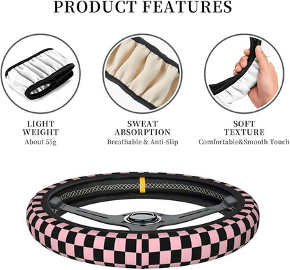 Pink and Black Checkered Steering Wheel Cover for Women, Universal Auto Steering Wheel 14-15 Inch Car Interior Accessories with 2PCS Car Coasters, Suitable for Men and Women