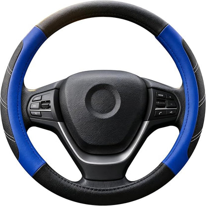 Black and Blue Line Punching Car Steering Wheel Cover, Microfiber Leather Sports, 14.5-15 in Universal Leather Wheel Covers, Breathable Fashion Anti-Slip, Steering Wheels Accessories for Men Women