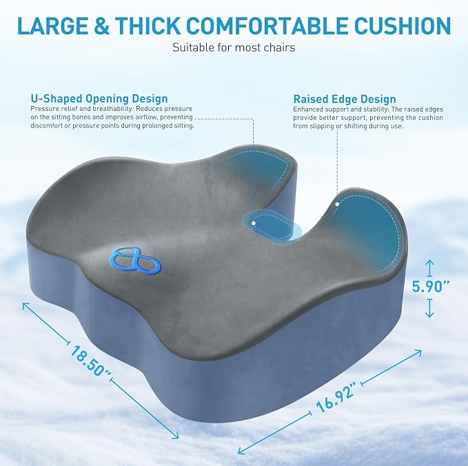 BlissTrends Extra Thick Seat Cushion for Office Chair & Car Seat, Grey&Blue | Tailbone & Sciatica Relief, Ergonomic Support, High-Density Memory Foam, Comfort for Extended Sitting