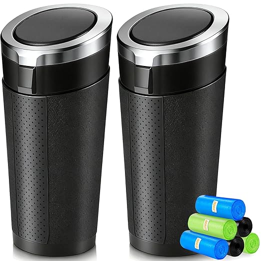 Car Trash Can Bin with Lid - 2 Pack, Leakproof Garbage Can for Vehicle, Mini Trash Bin with 180 Attached Trash Bags, Easy to Clean Cup Holder Trash Can for Car, Home, Office