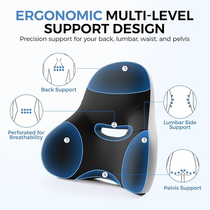 BEBAS Ergonomic Lumbar Support Pillow for Car, Memory Foam Back Support for Driving, Lower Back Pillow for Pain Relief, Comfort Lumbar Cushion for Office Chairs, Car Seat, Wheelchair -Black