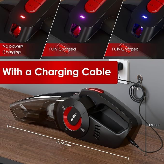 Whall Handheld Cordless Car Vacuums, Wet and Dry Use 9000Pa Strong Suction Vacuums, Rechargeable Portable Vacuum Cleaner with LED, Charging Dock, Lightweight Mini Vacuum for Car, Home and Office,Red