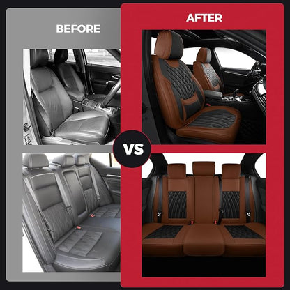 FREESOO Car Seat Covers Front Seats - Luxury Breathable Waterproof Faux Leather Car Seat Cover Protectors with Lumbar Support, Universal Fit for Most 5 Seats Vehicles Sedans Hatchbacks, Black Brown