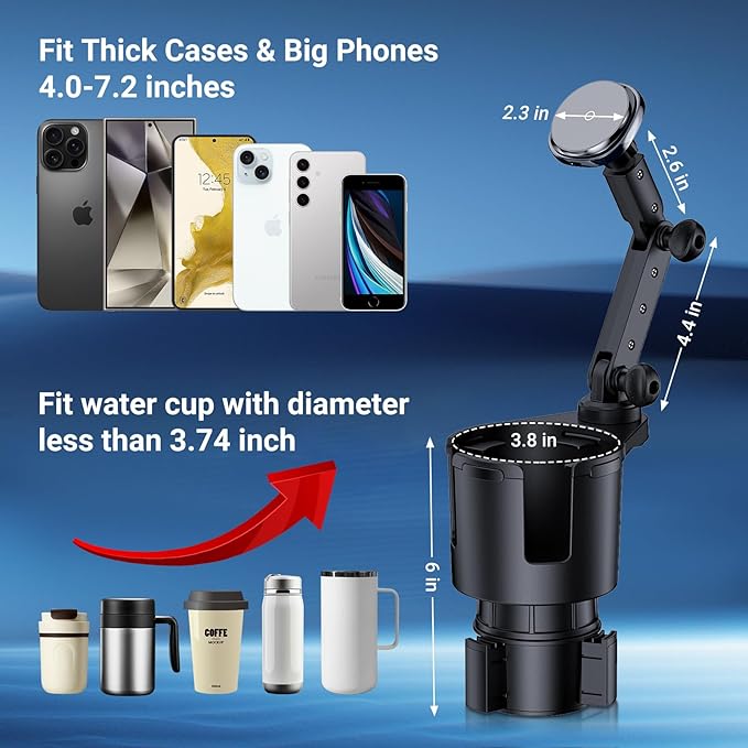 This Hill for Magnetic Cup Holder Charger, 360° Rotating Wireless Magnetic Car Charger, Fast Charging Phone Holder for iPhone 17 16 15 14 13 12 and Samsung Galaxy S20 Above Series [With QC 3.0 Adapter