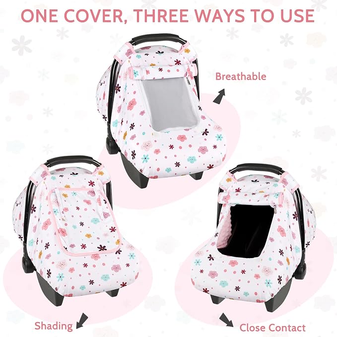 Pea Pod Car Seat Cover Baby, Infant Car Seat Canopy Covers with 2 Layers Windows of Breathable Mesh Fabric, Lightweight Polyester, Soft Minky Dot Backing (Floral Pattern)