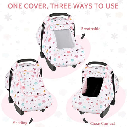 Pea Pod Car Seat Cover Baby, Infant Car Seat Canopy Covers with 2 Layers Windows of Breathable Mesh Fabric, Lightweight Polyester, Soft Minky Dot Backing (Floral Pattern)