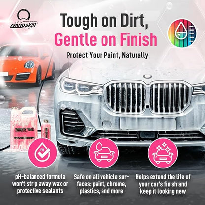 Nanoskin WASH N' WAX with Carnauba 5 gallons - Cleans & Shines in One Step | Works with Foam Cannon, Foam Gun, Bucket Washes, Pressure Washer | Carnauba Wax Protection for Cars