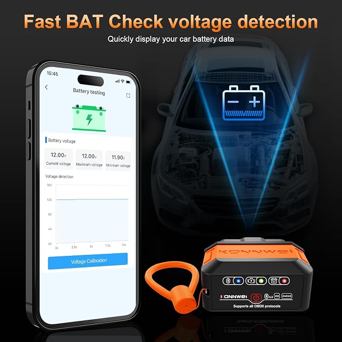 KONNWEI KW906 OBD2 Scanner Bluetooth, Professional Code Reader & Scan Tool for All Cars, Automotive Diagnostic Tool to Check Engine Light & Clear Fault Codes, Auto Scan, Live Data, Battery Test