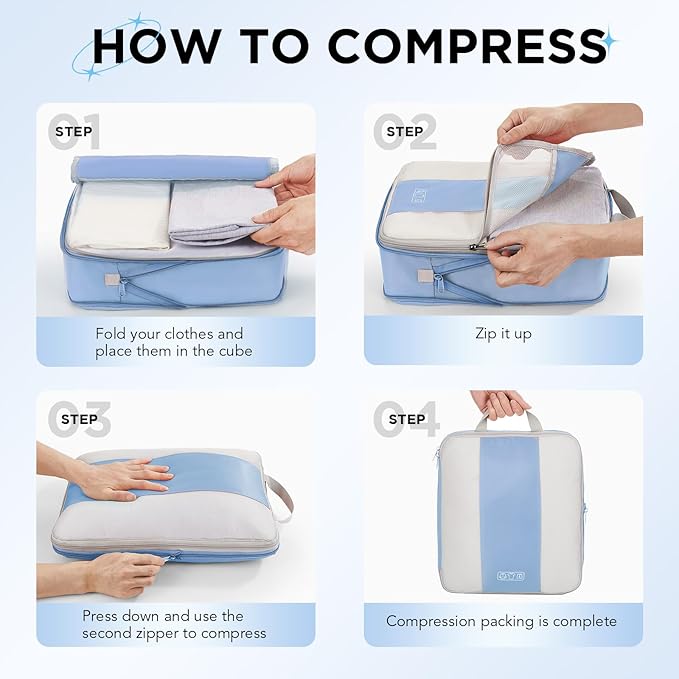 OlarHike 10-Pack Compression Packing Cubes for Travel Essentials,Compressible Expandable Packing Cubes for Suitcase,Luggage Garment Bags for Travel,Handy Helper for Organizing Clothes(Light Blue)