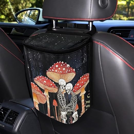 Talayituse Skull Mushroom Print Car Trash Bin, Large Size Auto Trash Can Adjustable Portable Garbage Can with Lid, Vehicle Hanging Bag for Headrest Front Back Seat