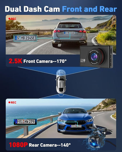 Dash Camera for Cars, 2.5K Dual Dash Cam Front and Rear W/ 64GB Card,3"IPS Screen Car Cam Built-in 5G WIFI,Car Dash Cam with G-Sensor, Loop Recording, Night Vision, 24H Parking Monitor,170°Wide Angle