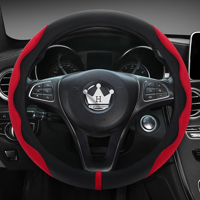 HighnessHwoo Luxury Suede Steering Wheel Cover for Cars, Soft Leather Padded Wheels Cover for Sedan, SUV, Thin Car Handle Cover, Universal Fit, Anti Slip, 14.75-15.15in, Red
