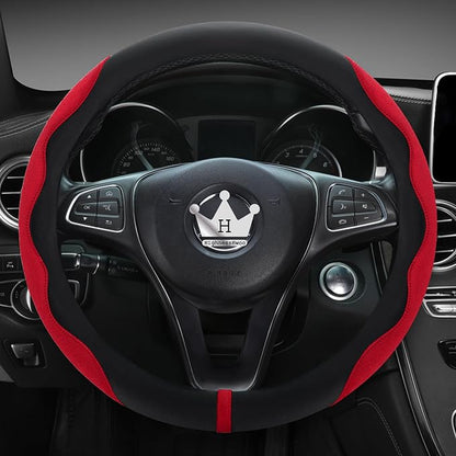 HighnessHwoo Luxury Suede Steering Wheel Cover for Cars, Soft Leather Padded Wheels Cover for Sedan, SUV, Thin Car Handle Cover, Universal Fit, Anti Slip, 14.75-15.15in, Red