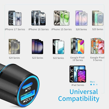 67.5W Car Charger USB C Super Fast Charging, 45W USBC & QC3.0 Port Plug for iPhone 17 Pro Max/Air/16/15/iPad, Samsung S26 Android Cell Phone, Dual 12V Cigarette Lighter Adapter + 6.6 ft Type C Cable