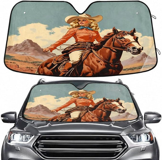 Windshield Sun Shade Cowgirl Cowboy Horse View Front Window Block UV Shades Visor Reflective Retractable for Car SUV Trucks