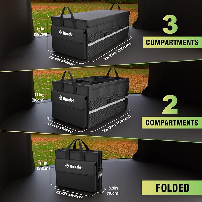 K KNODEL Car Trunk Organizer with Lid, 3 Compartments Collapsible Car Trunk Storage Organizer, Large Car Organizer and Storage for SUV, Truck, Sedan (Large, Black)