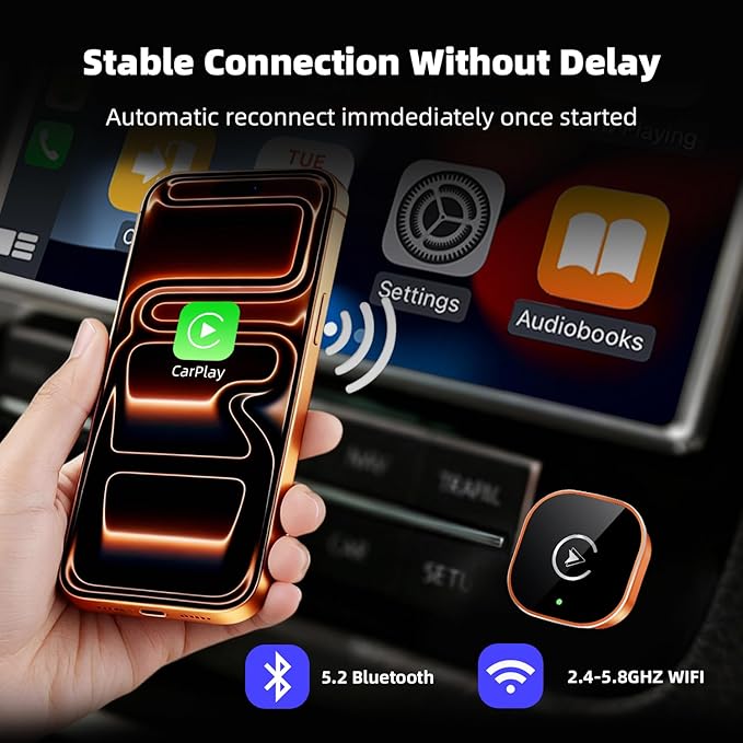 【2026 Upgarded】 Wireless CarPlay Adapter for iPhone, Mini USB Design for Cars with Wired CarPlay, Fast Connection,5.8GHz WiFi, Compatible with iOS 10+ & iPhone 6+, USB/Type C,Plug and Play（Orange）