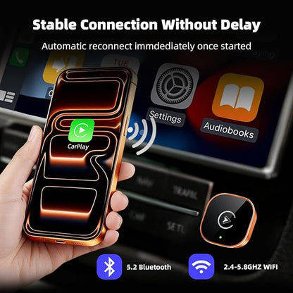 【2026 Upgarded】 Wireless CarPlay Adapter for iPhone, Mini USB Design for Cars with Wired CarPlay, Fast Connection,5.8GHz WiFi, Compatible with iOS 10+ & iPhone 6+, USB/Type C,Plug and Play（Orange）