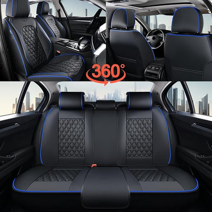 Coverado Full Set Car Seat Covers, Front & Back Luxury Faux Leather Waterproof Seat Covers,Car Seat Protectors, Universal Fit for Most Vehicles-Black & Blue
